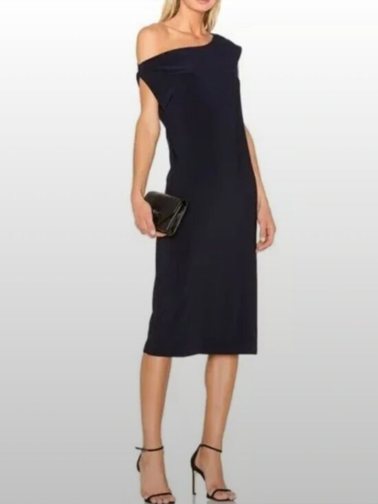 Norma Kamali Dresses & Skirts - NORMA KAMALI Drop Asymmetric One Shoulder Modern Slinky Midi Dress - Navy Blue S